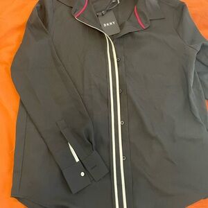 DKNY Black Blouse with Pink Trim and White Details